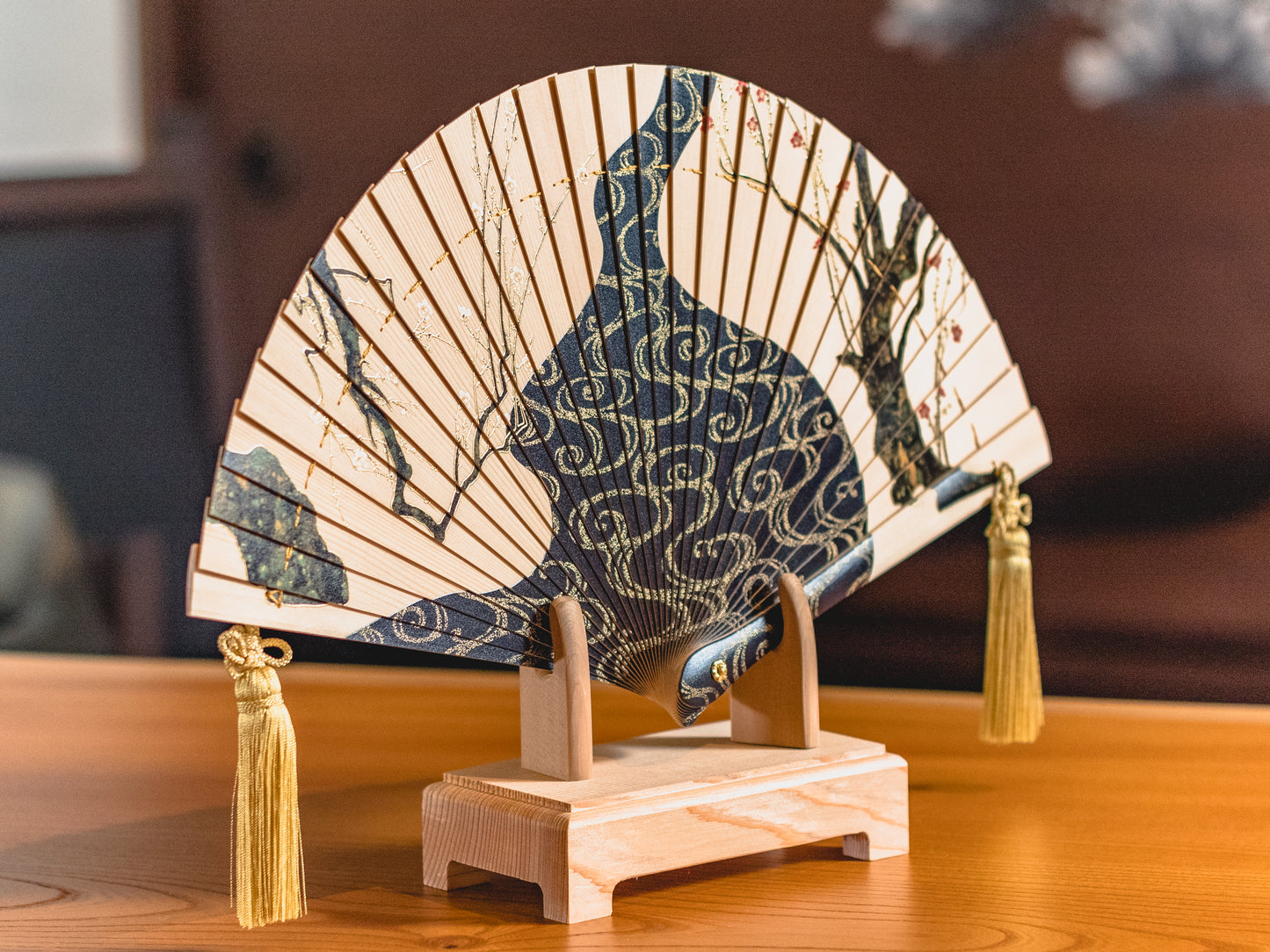 Hi-Ougi Fan "Red and White Plum Blossoms" by Ogata Kōrin with Wooden Stand and Paulownia Box