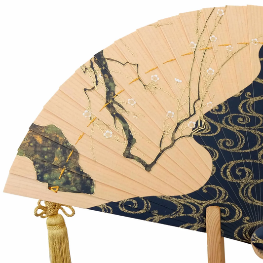 Hi-Ougi Fan "Red and White Plum Blossoms" by Ogata Kōrin with Wooden Stand and Paulownia Box