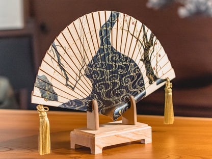 Hi-Ougi Fan "Red and White Plum Blossoms" by Ogata Kōrin with Wooden Stand and Paulownia Box