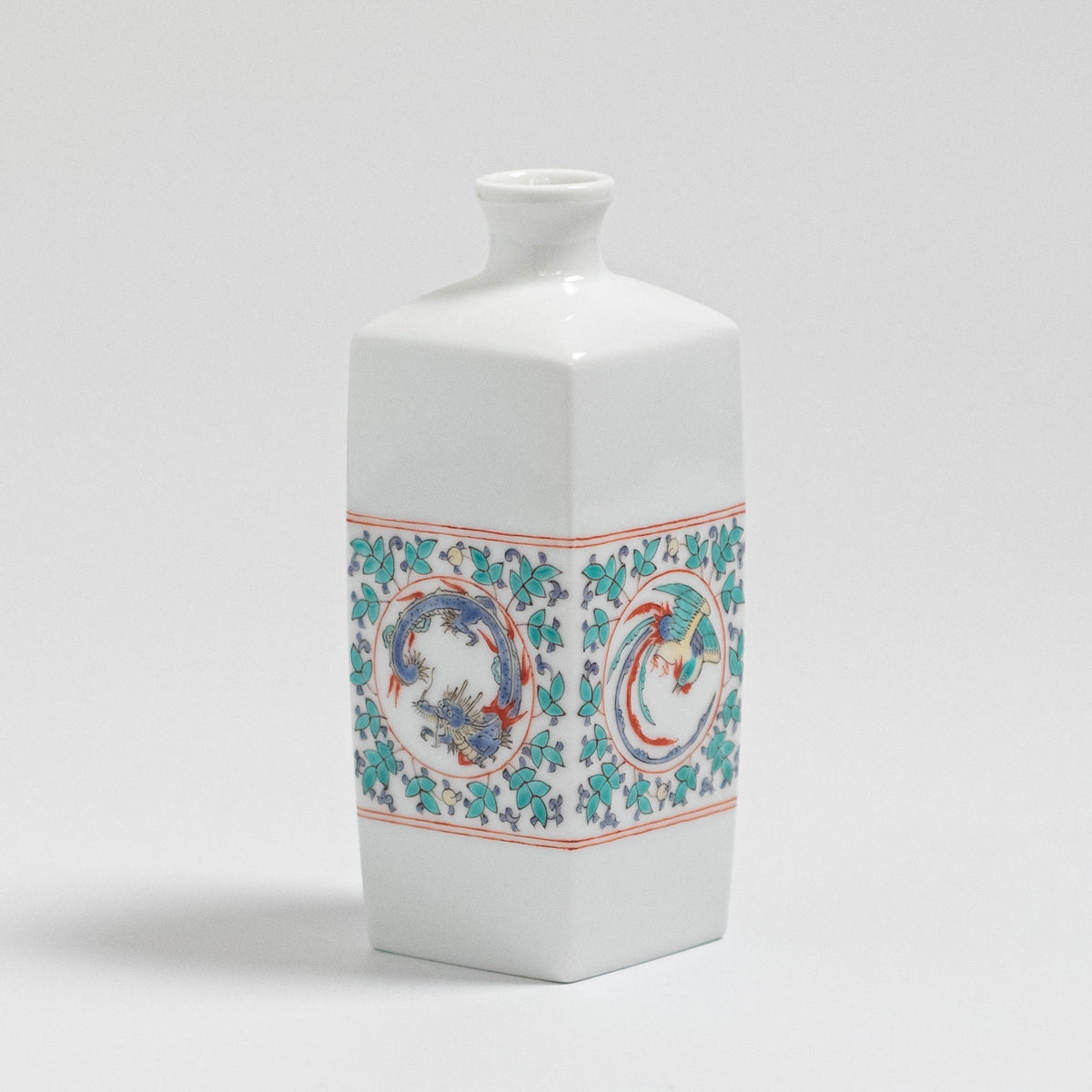 Arita Ware: Single-Flower Vase with Overglaze Enamel Dragon and Phoenix Design, Slender Angular Form