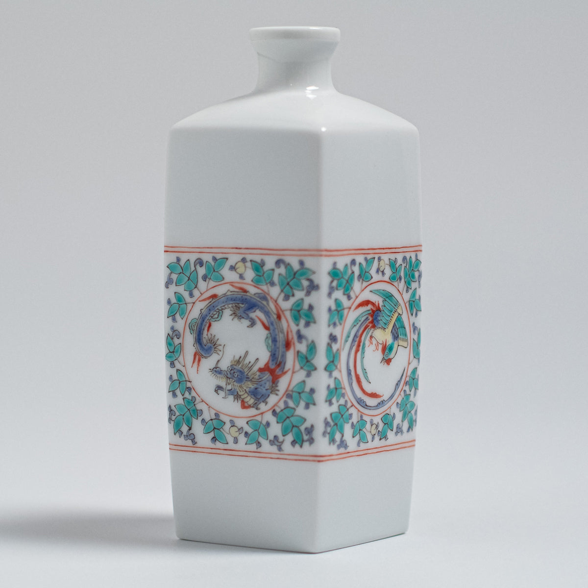 Arita Ware: Single-Flower Vase with Overglaze Enamel Dragon and Phoenix Design, Slender Angular Form