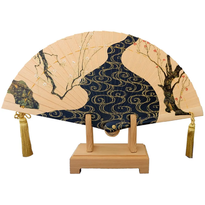 Hi-Ougi Fan "Red and White Plum Blossoms" by Ogata Kōrin with Wooden Stand and Paulownia Box