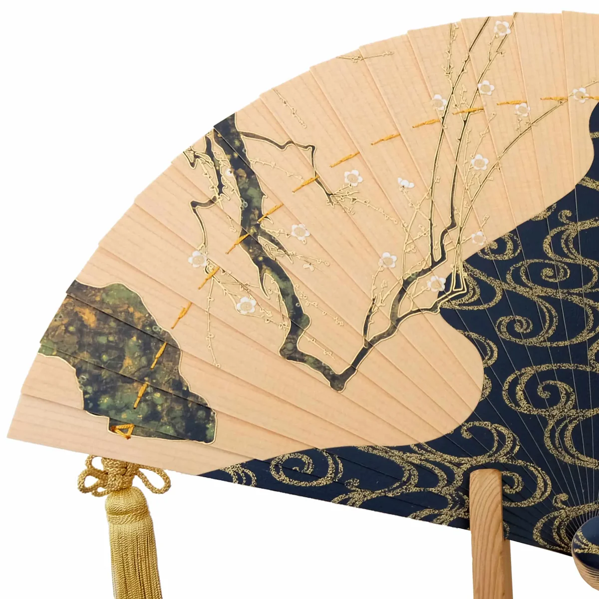 Hi-Ougi Fan "Red and White Plum Blossoms" by Ogata Kōrin with Wooden Stand and Paulownia Box