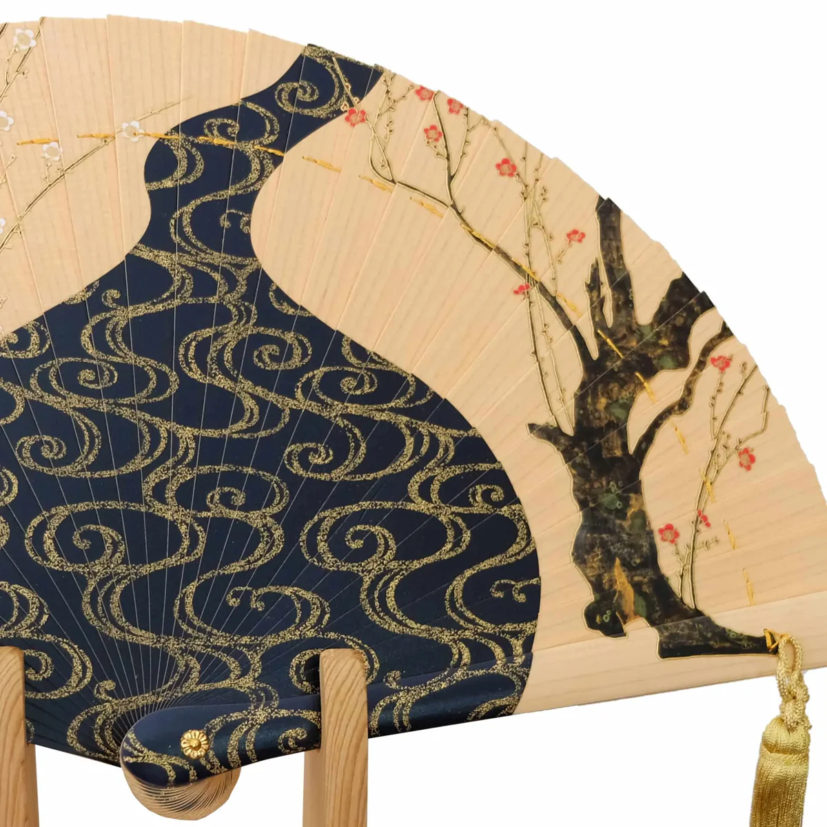 Hi-Ougi Fan "Red and White Plum Blossoms" by Ogata Kōrin with Wooden Stand and Paulownia Box