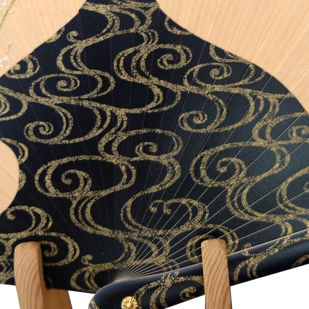 Hi-Ougi Fan "Red and White Plum Blossoms" by Ogata Kōrin with Wooden Stand and Paulownia Box