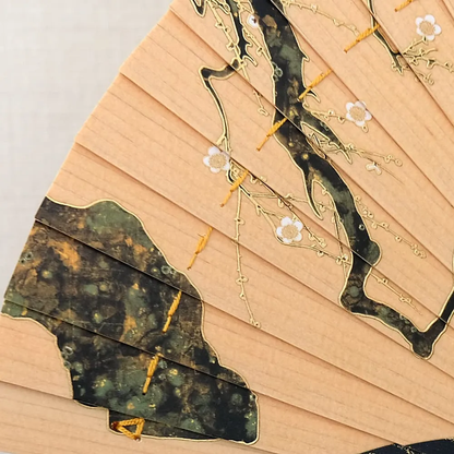 Hi-Ougi Fan "Red and White Plum Blossoms" by Ogata Kōrin with Wooden Stand and Paulownia Box